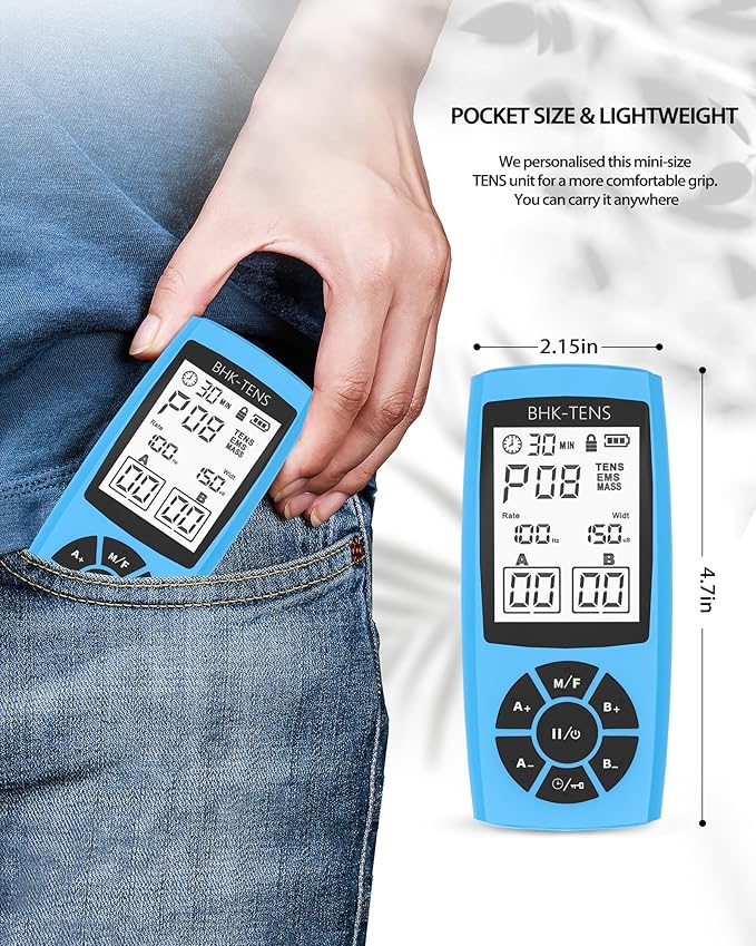 Rechargeable TENS Unit Machine for Pain Relief Therapy, Electronic EMS Muscle Stimulator for Shoulder Pain Relief, TENS&EMS Stimulator for Back Pain, Shoulder Neck Pain Relief, Sciatica Pain, Blue BHKTENS