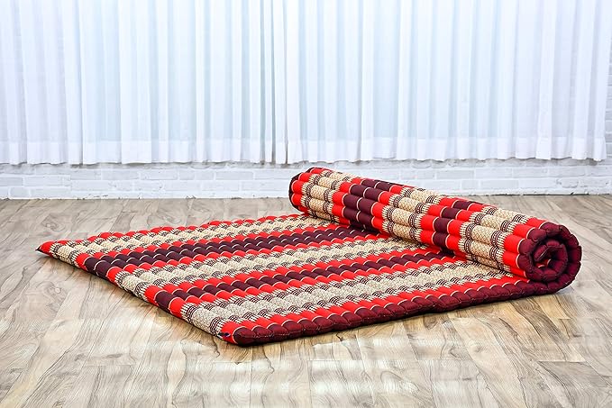 Leewadee - Foldable Floor Mattress - Japanese Roll Up Futon -Trifold Tatami Mat- Guest Floor Bed - Camping Mattress - Thai Massage Mat, Kapok Filled, 75 x 57 inches, Red - Bloomnest