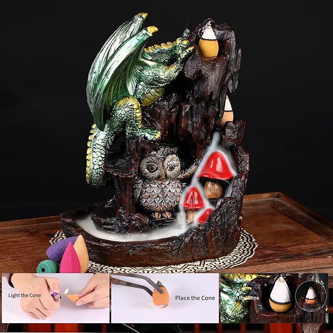 Dragon Backflow 2 Sided Mountain Waterfall Incense Burner,Fountain Smoke Incense Holder with Backflow Incense Cones, Tweezers, Mat，Resin Aromatherapy Meditationvaiuk (Green) - Bloomnest