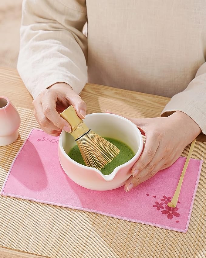 ZENS Pink Matcha Set, 6pcs Matcha Kit Includes Ceramic Bowl, Handcrafted Bamboo Whisk and Chasen Holder, Scoop, 304 Sifter & Tea Mat, Matcha Whisk Set Gift for Matcha Lovers - Bloomnest