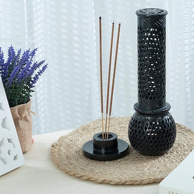 Crocon Handmade Black Marble Soapstone Incense Stick Burner Round Shape Jali and Handi Design Tower Burner | Candle Stick Holder | Decorative Home & Kitchen Best Gift Size - (2.7X2.7X9.4 Inch)