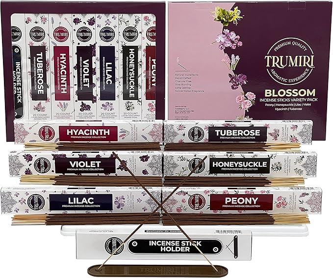 Blossom Incense Sticks Variety Pack - 120 Insence-Sticks (6 Incents x 20 Insense) - Peony Honeysuckle Lilac Violet Hyacinth Tuberose - Natural Inscents-Sticks Non Toxic Incienso + Stick Incense Holder - Bloomnest