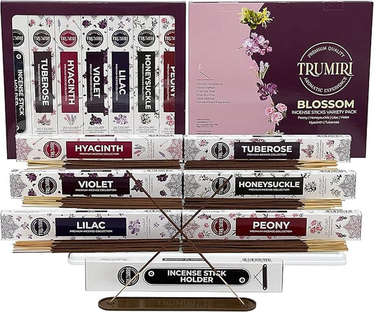 Blossom Incense Sticks Variety Pack - 120 Insence-Sticks (6 Incents x 20 Insense) - Peony Honeysuckle Lilac Violet Hyacinth Tuberose - Natural Inscents-Sticks Non Toxic Incienso + Stick Incense Holder - Bloomnest