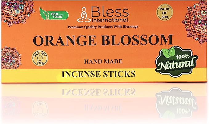Bless-Orange-Blossom 100%-Natural-Handmade-Hand-Dipped-Incense-Sticks Organic-Chemicals-Charcoal-Free Purification-Relaxation-Positivity-Yoga-Meditation Best-Woods-Scent (500 Sticks(26 OZ)) BlessInternational