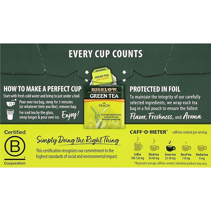 Bigelow Green Tea w/ Peach Tea Bags, 20 ct - Bloomnest