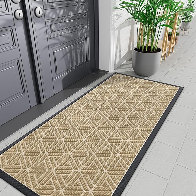 Smiry Front Door Mat Outside Entrance, Heavy Duty Sturdy Natural Rubber Doormat, Trap Dirt and Moisture, Easy Clean Low Profile Mats for Indoor Outdoor Entry, Grid Geometric (71x24, Beige) - Bloomnest