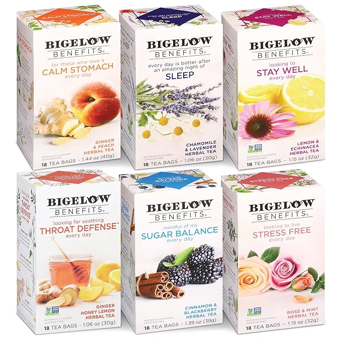 Bigelow Tea Benefits Wellness Teabag Variety Pack, Mixed Caffeinated Green Matcha & Caffeine-Free Herbal Tea, 18 Count Box (Pack of 6) 108 Tea Bags Total - Bloomnest