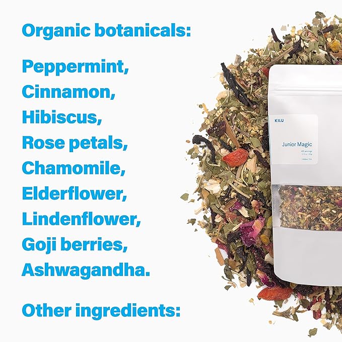 Kilu Junior Magic Kids Herbal Tea - 100% Organic - Calming, Refreshing, Focus & Immunity-boosting Tea for Children - Loose Leaf - 45 Servings - Bloomnest