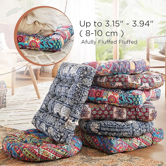 Codi Floor Cushions Seating for Adults and Kids Set of 2, Square Large Boho Pillows for Yoga Living Room Tatami Sitting Home Decor, Memory Foam Added, 22x22 Inch Multi Patchwork - Bloomnest