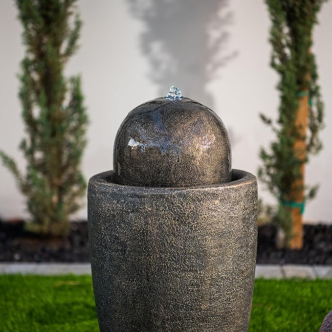 XBrand 25.98" H Round Stone Indoor/Outdoor Modern Stone Textured Sphere Water Fountain w/LED Lights, Bronze - Bloomnest