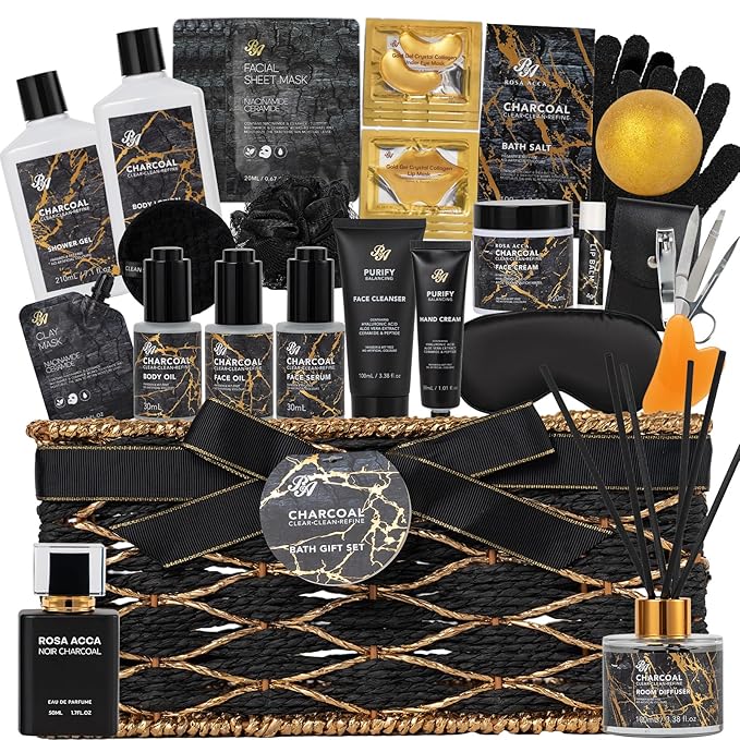 35 Pcs Valentines Day Gifts for Women & Men, Charcoal Bath & Body Gift Basket, Face Skin Care Kit, Self-Care Gift, Diffuser, Shower Gel, Massage Oil, Bath Bomb, Birthday, Christmas, Mother, Husband - Bloomnest
