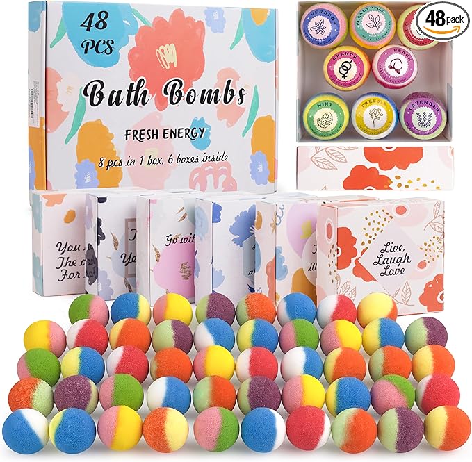 48 Natural & Organic Bath Bombs for Women and Kids, Rich in Essential Oils, Relaxation and Stress Relief, BathBombs Gift Set for Mothers Day, Christmas, Valentines Day & Birthday - Bloomnest