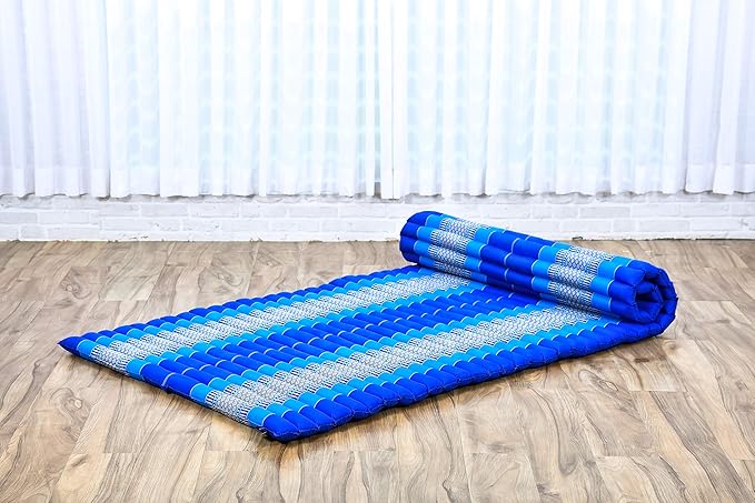 Leewadee - Kapok Roll Mat – Handcrafted Folding Sleep & Relaxation Mattress from Thailand, Ideal as Guest Bed, Camping Mat, Yoga Mat or Traditional Futon, 75 x 39 inches, Blue - Bloomnest
