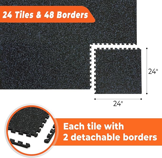 SUPERJARE 0.4'' Thick 24 Pcs 96 Sq Ft Rubber Top Exercise Equipment Mats, High Density EVA Foam Mats with Rubber Top, Interlocking Gym Flooring for Home Gym, Protective Workout Mat, Black/Blue - Bloomnest