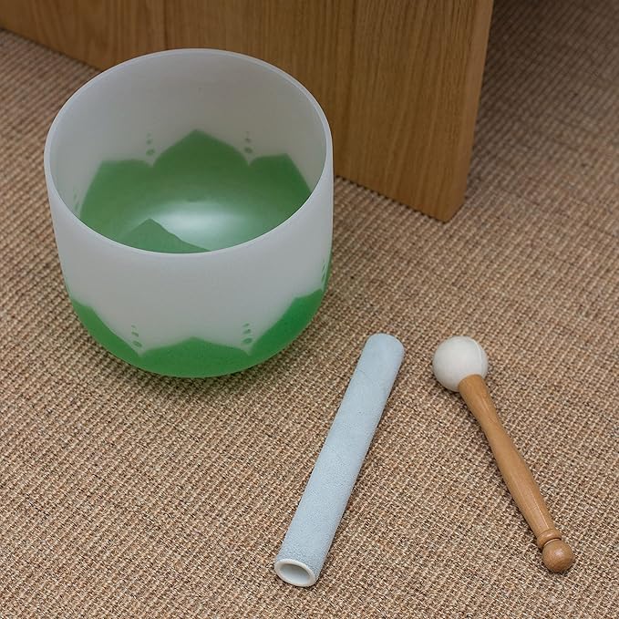 Leize Lotus Design Quartz Crystal Singing Bowl F Note 432 hz Heart Chakra White 10" with Heavy Duty Carrying Case Suede Striker