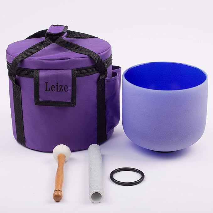 Leize Quartz Crystal Singing Bowl A# Note Third Eye Chakra Dark Blue 8" with Heavy Duty Carrying Case Suede Striker
