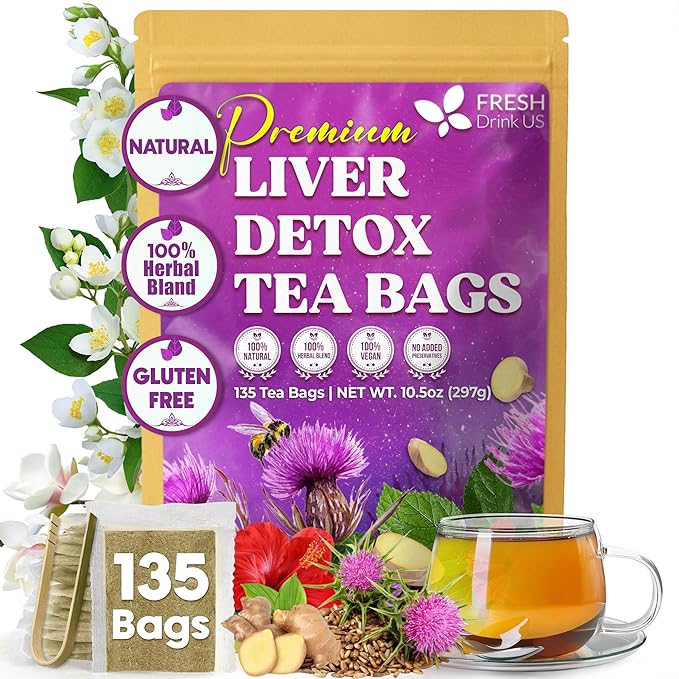 FreshDrinkUS, Premium Liver Detox Tea Bags | 135 Count | Eco-Conscious Corn Fiber Tea Bags | Ayurvedic Stomach Relief & Liver Support | Vegan, Caffeine Free, Kosher - Bloomnest