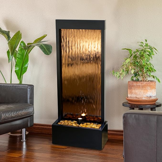 Alpine Corporation - Mirror Waterfall Fountain with Stones & Lights - Zen Indoor/Outdoor Decor for Office, Living Room, Patio, Entryway - 48 Inches (Bronze) - Bloomnest