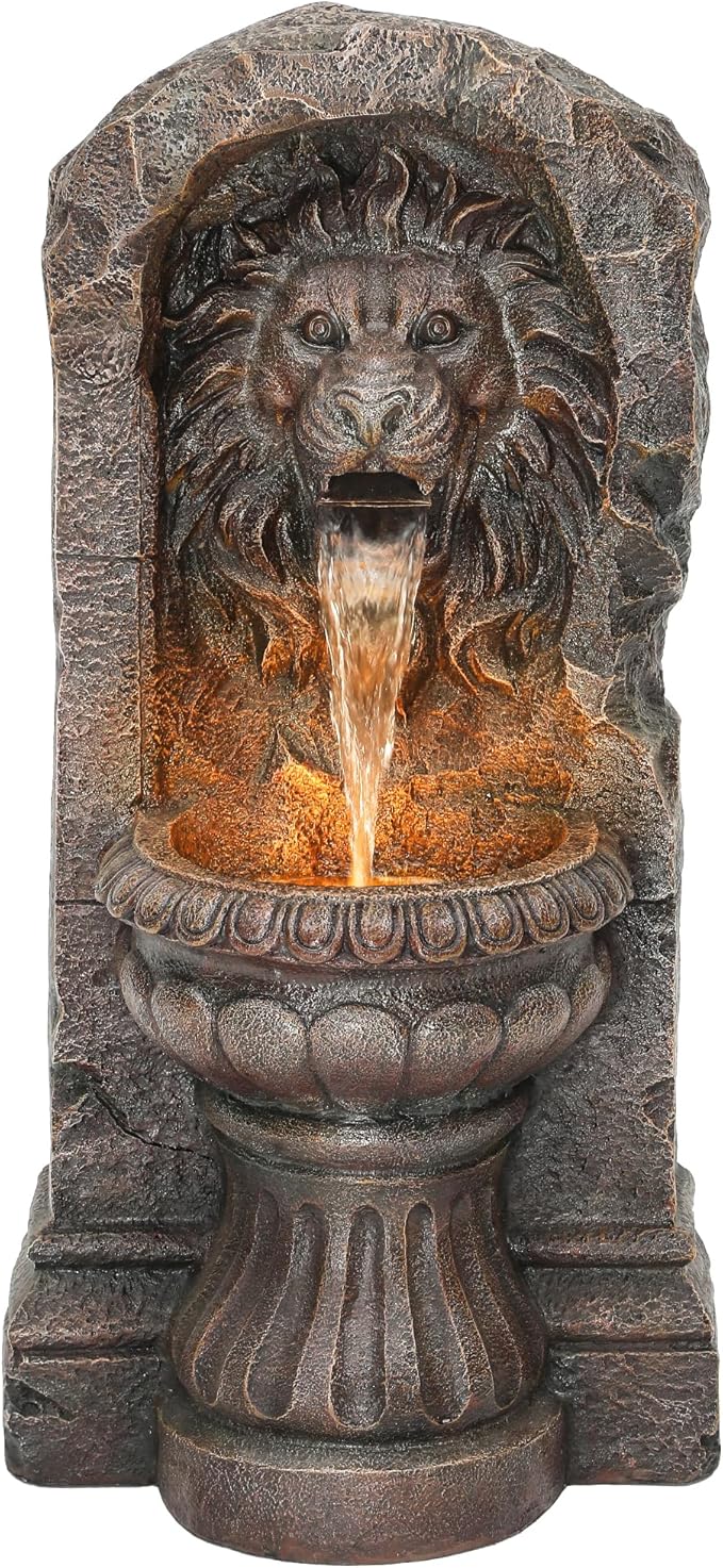 30in Outdoor Water Fountain with LED Lights, Majestic Bronze Lion Sculpture Garden Fountain, 2-Tier Pedestal Waterfalls, Durable Resin Water Feature for Yard, Patio or Porch Decor