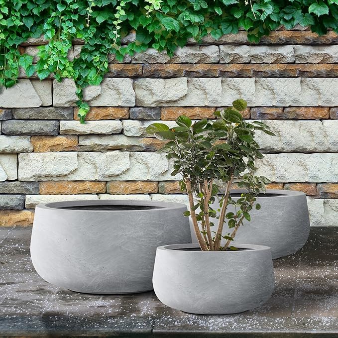Kante 19.6",15.7",11.8" Dia Round Concrete Planters Set of 3, Cement Plant Pots with Drainage Hole and Rubber Plug for Outdoor Indoor Garden Home, Modern Curvaceous Design, Gray - Bloomnest