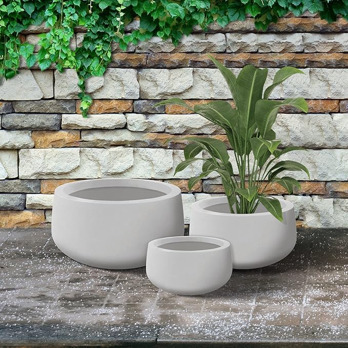 Kante 19.6",15.7",11.8" Dia Round Concrete Planters Set of 3, Outdoor Indoor Garden Plant Pots with Drainage Hole and Rubber Plug, Modern Curvaceous Design, Pure White - Bloomnest