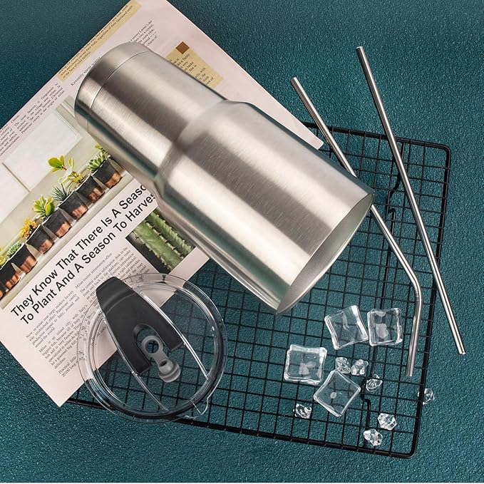30 oz Tumbler with Lids and Straws Double Wall Insulated Tumbler Cup,Stainless Steel Leak-proof Thermal Coffee Tumbler Powder Coated Travel Mug for Cold and Hot Beverages,Silver - Bloomnest