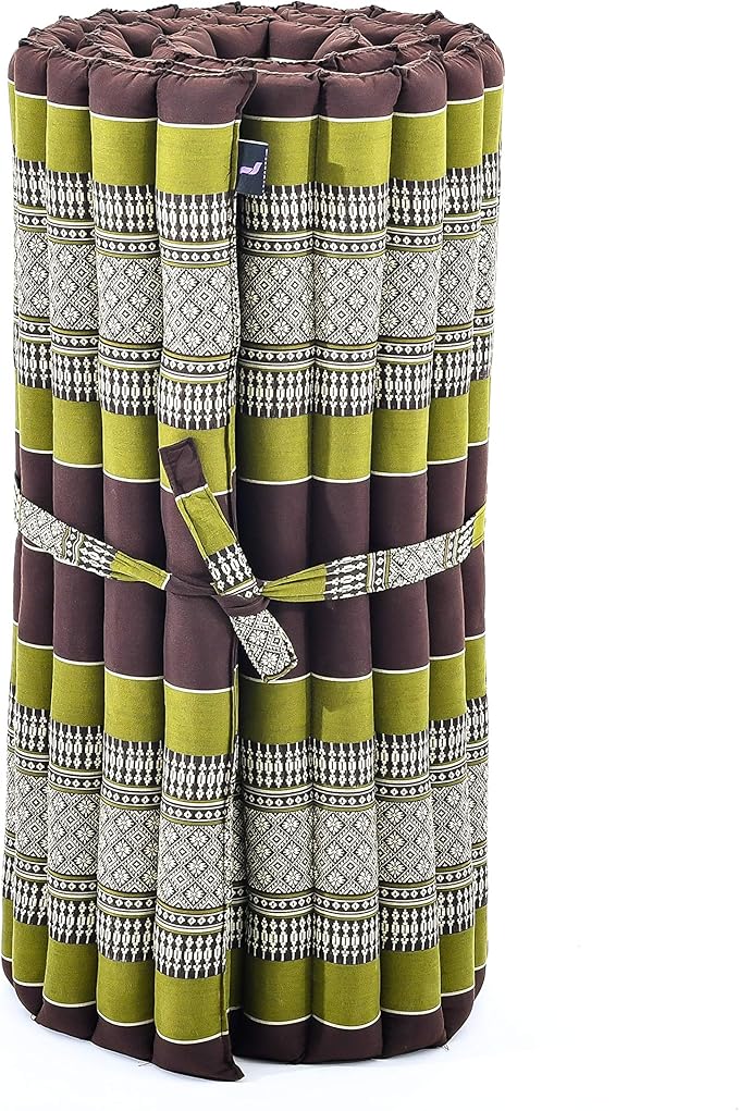 Leewadee - Foldable Floor Mattress - Japanese Roll Up Futon -Trifold Tatami Mat- Guest Floor Bed - Camping Mattress - Thai Massage Mat, Kapok Filled, 75 x 28 inches, Brown Green - Bloomnest