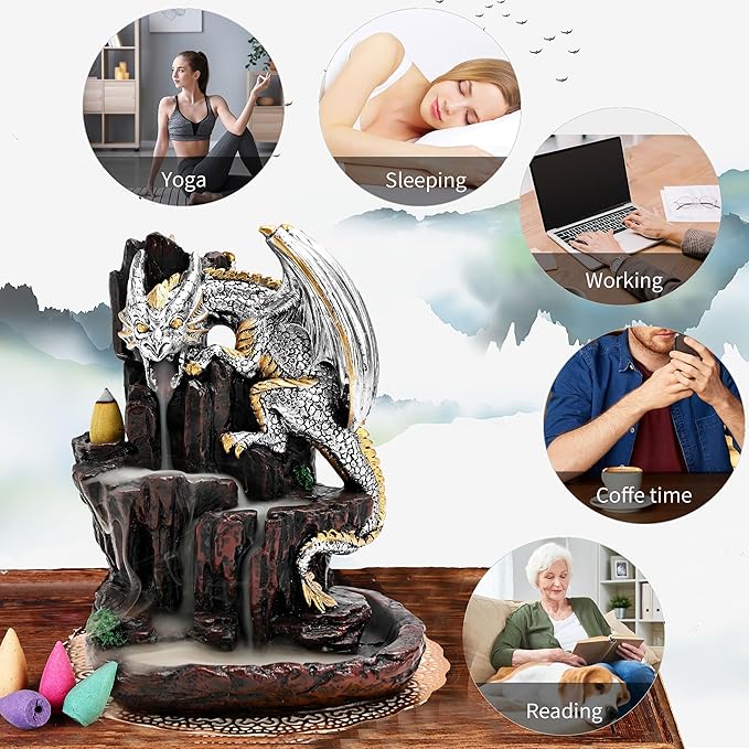 Dragon Backflow 2 Sided Mountain Waterfall Incense Burner,Fountain Smoke Incense Holder with Backflow Incense Cones, Tweezers, Mat，Resin Aromatherapy Meditationvaiuk (Silver) - Bloomnest