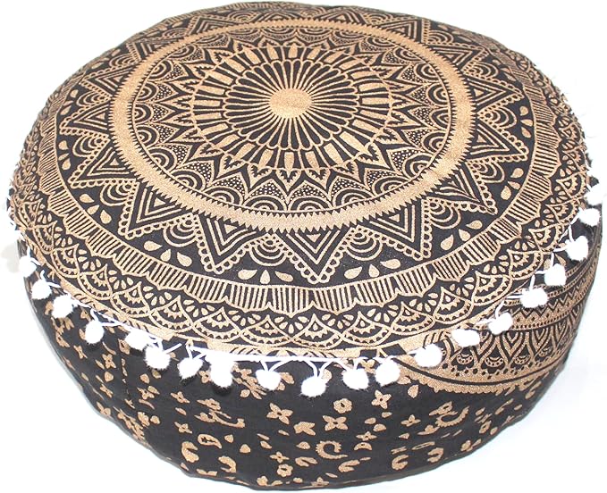 INDIAN CRAFT CASTLE ICC Mandala Barmeri Large Floor Pillow Cover Cushion Meditation Seating Ottoman Throw Cover Hippie Decorative Zipped Bohemian Pouf Ottoman Cases Black Gold, 24" Round - Bloomnest
