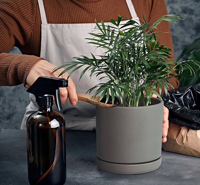 D'vine Dev 6 Inch & 8 Inch Ceramic Planter Pots for Plants with Drainage Hole and Saucer, Medium Plant Pots Set, Grey, 94-G-M-3 - Bloomnest