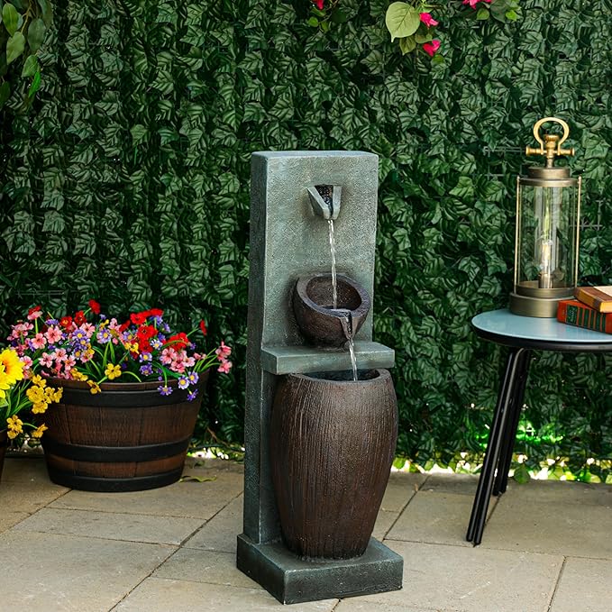 Alpine Corporation TZL388 32" 3 Tier Jar Fountain with LED Lights, Elegant Outdoor Water Feature for Garden, Patio, Backyard, Home Décor, Ceramic Water Fountain & Landscape Decorations, Gray - Bloomnest