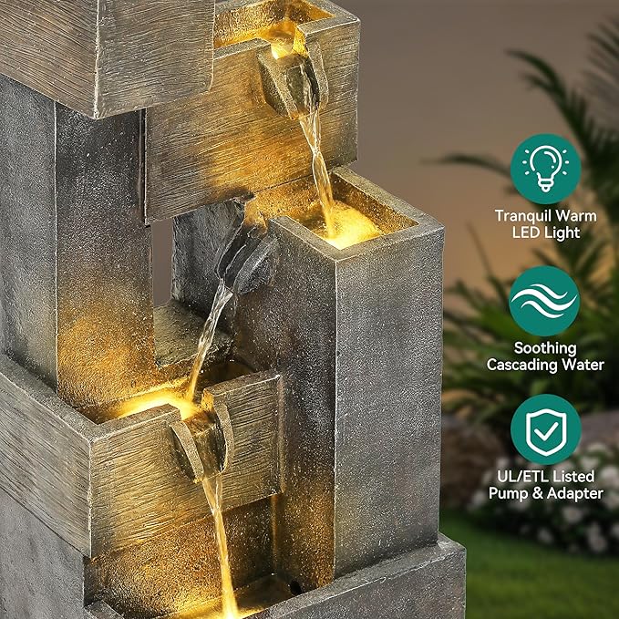 32.5" Modern Outdoor Water Fountain with LED Lights, 5-Tier Stacked Blocks Garden Fountain Cascading Waterfall Feature for Relaxing Garden, Patio, Backyard, Deck, Porch or Home Décor - Bloomnest