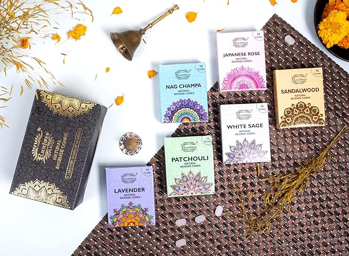 Raajsee Natural Incense Cones,6 Pack Mixed Scents Gift Pack 15 pc Each (90 Total), Insense Cones Variety Pack, 100% Organic Non Toxic Natural - Hand Rolled Free from Chemicals (Pack 1) RAAJSEE