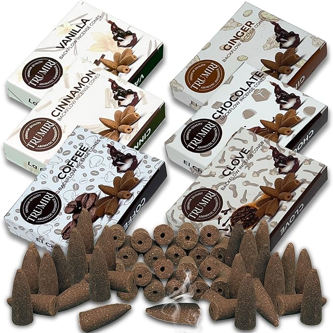 Gourmet - Backflow Incense Cones for Waterfall - Scented Inscents-Cones - Cinnamon, Vanilla, Coffee, Chocolate, Clove, Ginger - Insiensos Aromaticos - 6x10=60 Large Variety Pack TRUMIRI