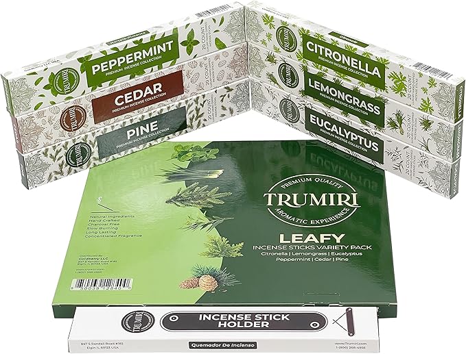 Leafy Incense Sticks Variety Pack - 120 Insence-Sticks (6 Incents x 20 Insense) - Citronella Lemongrass Eucalyptus Peppermint Pine Cedar - Natural Inscents-Sticks Non Toxic Inciensos + Incense Holder - Bloomnest