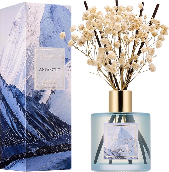 COCORRÍNA Reed Diffuser - Antarctic 6.7 Fl.oz Reed Diffuser Set with 8 Sticks & Preserved Baby's Breath, Reed Diffuser for Home Bathroom Shelf Decor - Bloomnest