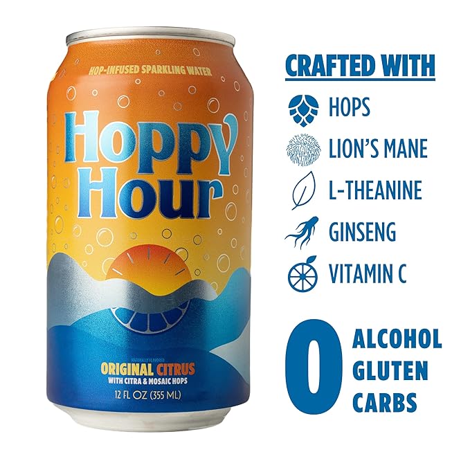Hoppy Hour Sparkling Hop Water, Non-Alcoholic and Adaptogens Drink, Zero Sugar and Calories, Refreshing Original Citrus Flavor, 12 oz Cans (12-Pack) - Bloomnest