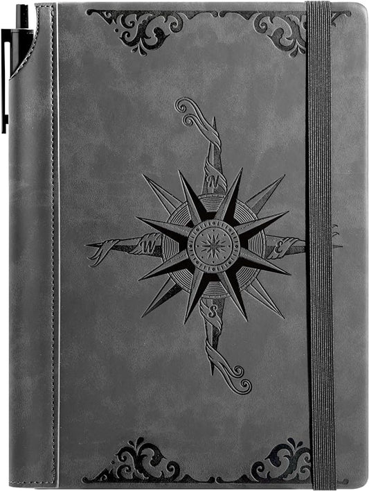 CAGIE Compass Leather Notebook Journal for Men, 100 GSM 288 Pages Lined Journals for Writing, A5 Hardcover Journaling Notebooks Gift Set with Pen for Travel Office Daily Writing - Bloomnest