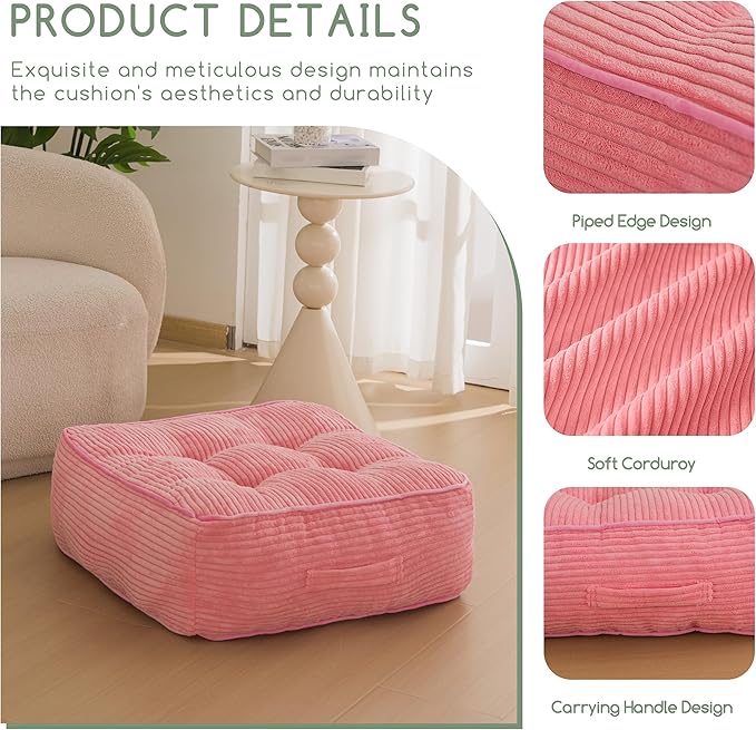 8" Washable Floor Pillow Cushion for Adults, Meditation Cushion Pillow, Large Square Floor Sitting, Removable Tufted Corduroy Cover, for Tatami Living Room or Yoga, 22x22 Inch, 2Pack, Machine Washable - Bloomnest