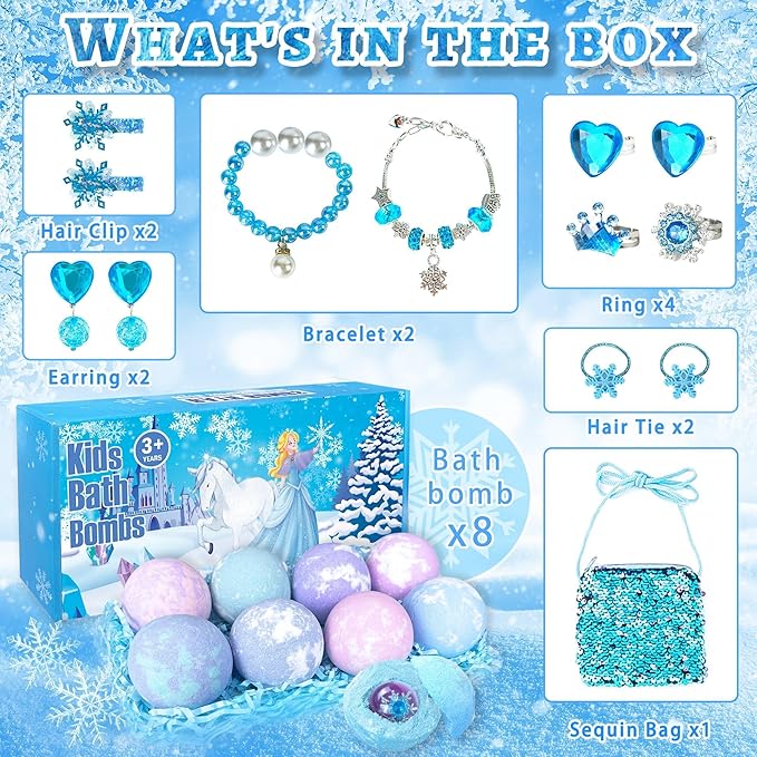 Bath Bombs for Kids with Surprise Inside, 8 Pack Bath Bombs with Frozen Toys, Princess Jewelry & Cross-Body Bag, Natural Fizzy Bubble Bath Balls with Jewelry Set, Christmas Birthday Gift for Girls - Bloomnest