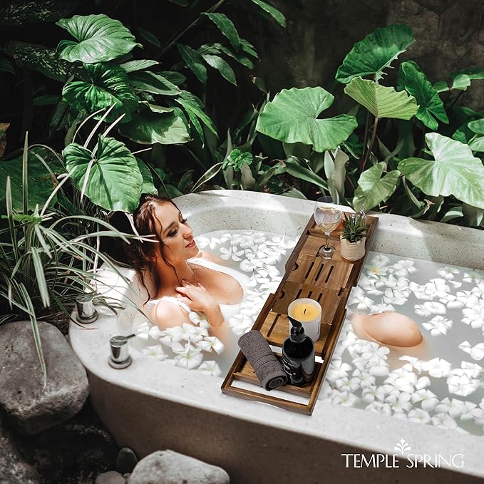 Temple Spring Foldable Bathtub Tray, Unique Design Selfcare Bathroom Caddy, Acacia Spa Bathroom Tray, Wooden Bathtub Accessories, Wedding Gift/Birthday Gift/New Home Bath Table – Not Teak - Bloomnest