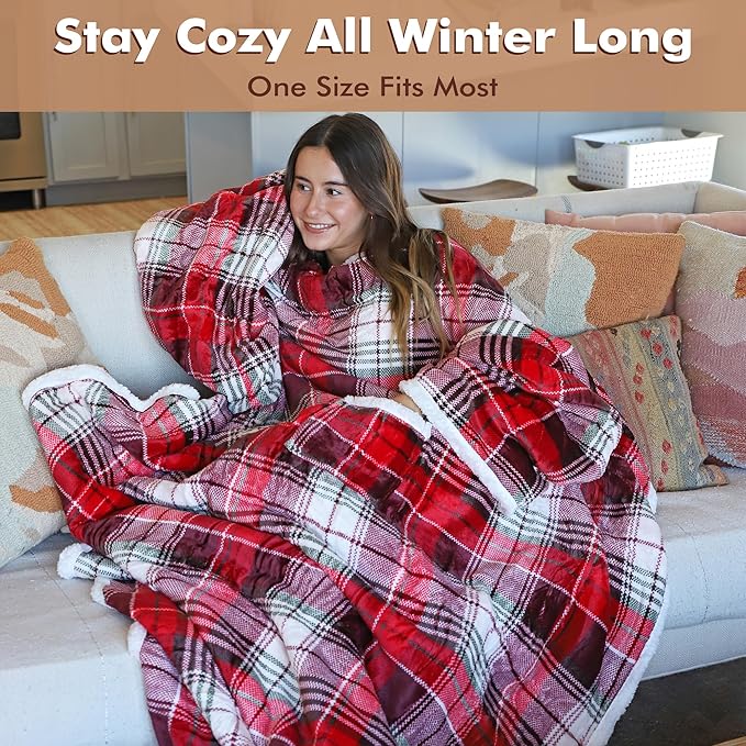Tirrinia Sherpa Wearable Blanket With Sleeves, Full Body Throw Reading Wrap TV Blankets - Bloomnest