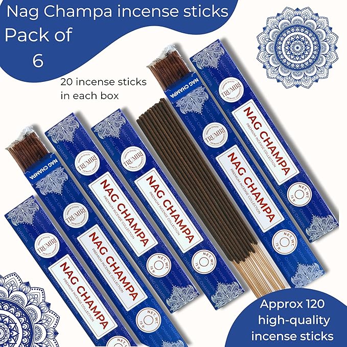 Nag Champa Incense Sticks - Total 90 Insence-Sticks - 6 Packs of 15 Insense - Inciensos - Inscents - Natural Non Toxic Ingredients - Incents - Incence - Inscense - Insents TRUMIRI