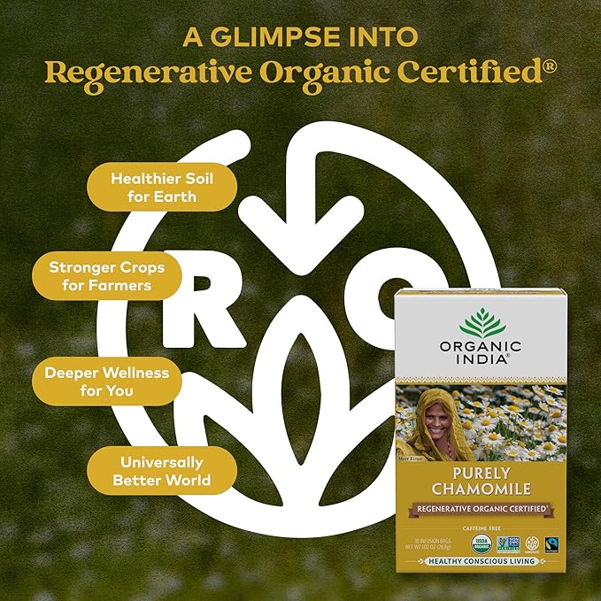 Organic India Purely Chamomile Tea - Regenerative Organic Chamomile Flowers, Caffeine Free, Calming & Relaxing Herbal Tea, Natural Support for Sleep & Relaxation - 18 Bags, Pack of 3 - Bloomnest