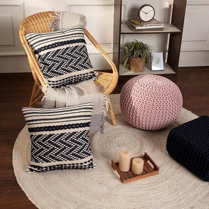 REDEARTH Round Pouf Ottoman - Hand Knitted Boho Poof Home Décor Pouffe Circular Footrest for Living Room - Bedroom - Lounge - 100% Cotton (19.5"x19.5"x14") - Pale Pink - Bloomnest