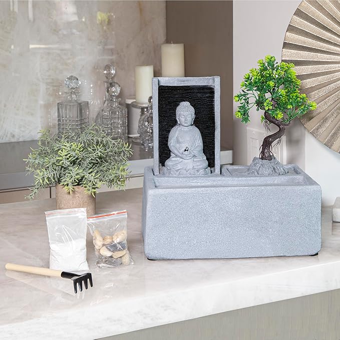 Alpine Corporation DIG278 13" Indoor/Outdoor Tabletop Fountain with LED Lights, Buddha Bonsai Garden Water Feature for Home, Patio & Desk Décor, Gray - Bloomnest