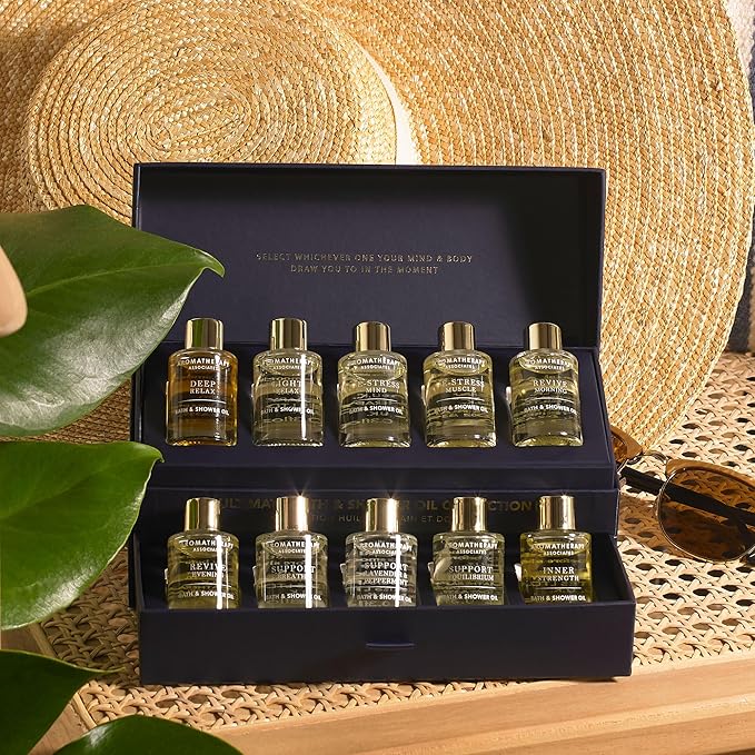 Aromatherapy Associates Essential Oil Blends – Luxury Body and Shower Oils for Dry Skin and Daily Aromatherapy, 10-Pack (0.30 fl oz Each) in Decorative Gift Box - Bloomnest