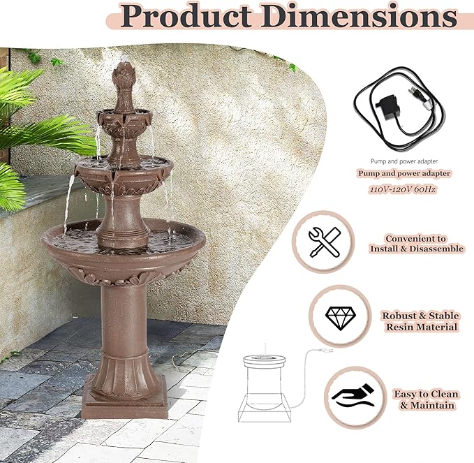 MAGIC UNION Outdoor Garden Water Fountains, 48.4''H Italian Style Fountain and Waterfall Outside, 3-Tier Large Bubbler Cascading Indoor Floor Fountain Features with Pump for Home Yard Decor (Brown) - Bloomnest