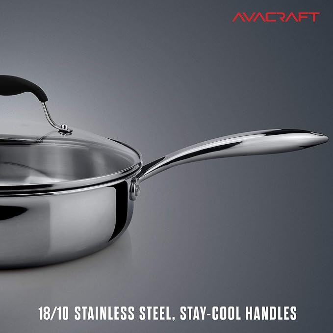 AVACRAFT 18/10 Tri-Ply Stainless Steel Saute Pan with Lid, Helper Handle, Induction & Stovetop, Versatile Stainless Steel Skillet, Cookware (3.5 Quarts) - Bloomnest