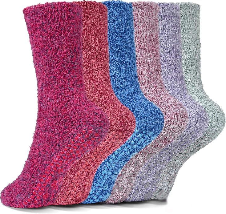 HUGSWEET 6 Pairs Thick Fuzzy Socks with Grip Cozy Non Slip Hospital Socks Home Fluffy Warm Slipper Socks Gifts for Women - Bloomnest